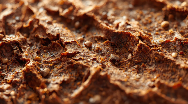 Chocolate spread texture with cocoa nibs and layered ridges, macro food close up, warm tone
