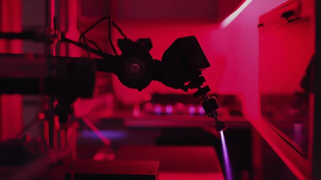 Robotic arm performing precision work with a bright plasma beam under red illumination, symbolizing advanced industrial automation, manufacturing, and scientific research