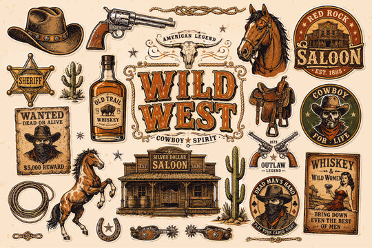A comprehensive collection of vintage Wild West themed illustrations including cowboys, saloons, weapons, and iconic symbols, rendered in an old-fashioned engraving style.