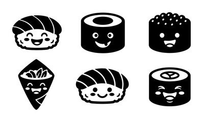 Kawaii Sushi Icons Set, Cute Japanese Food Vector Graphics, Smiling Nigiri and Maki Rolls, Hand Roll and Ikura Elements, Black and White Simple Design © Rabiul
