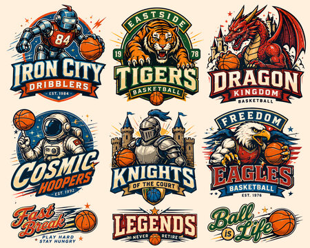 A collection of vibrant basketball team logos featuring various mascots like robots, tigers, dragons, astronauts, knights, and eagles, designed for sports branding.