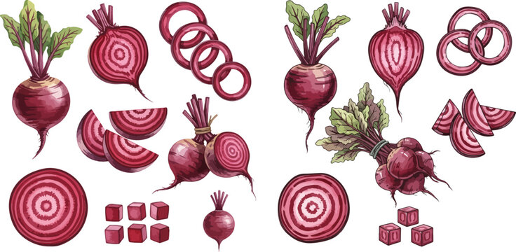 Watercolor illustration set of fresh organic beetroots, whole, sliced, and diced, with green leaves, isolated on white background for healthy food concepts.