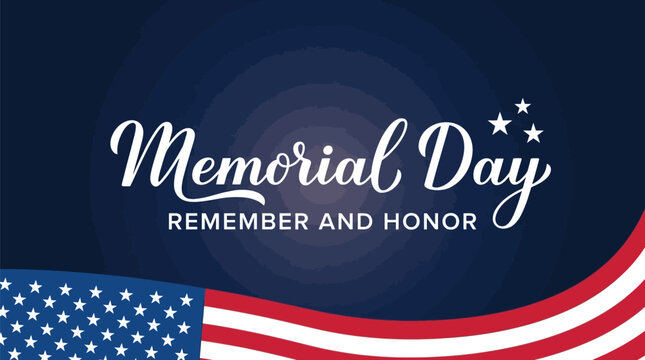 Memorial Day celebration banner displays a flowing American flag graphic with cursive typography on a dark background.