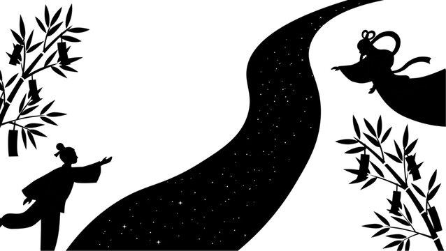七夕のバナー七夕の背景　モノクロイラスト　七夕素材　背景　織姫と彦星　天の川