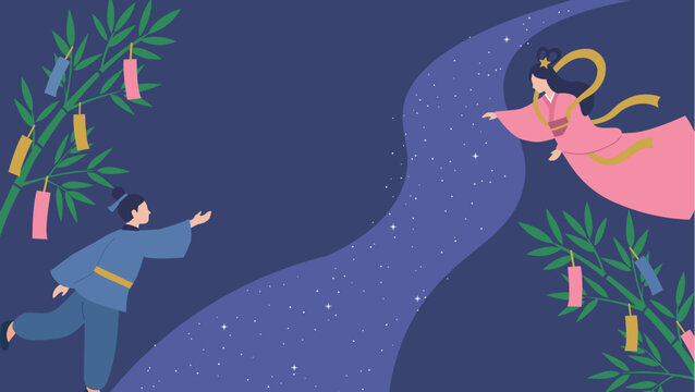 七夕のバナー七夕の背景　モノクロイラスト　七夕素材　背景　織姫と彦星　天の川