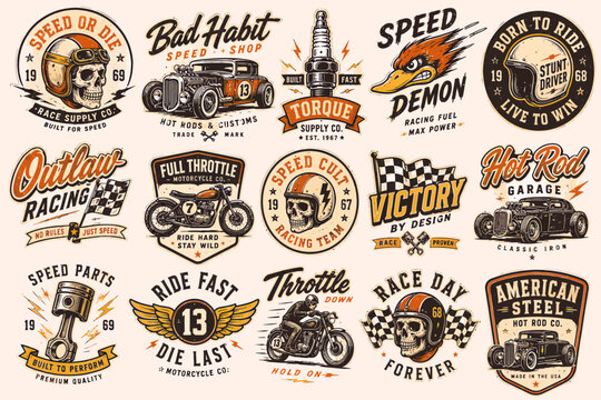 A collection of vintage-style racing and hot rod themed logos and emblems featuring skulls, motorcycles, and classic cars.