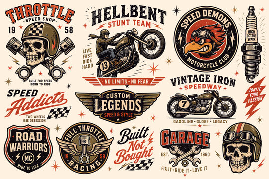A collection of vintage-style motorcycle and racing club emblems, badges, and illustrations featuring skulls, bikes, pistons, and classic typography.