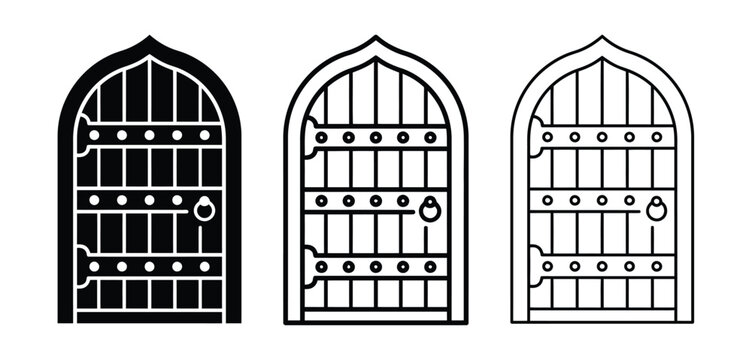 Arched metal gate icons in black and white Vector