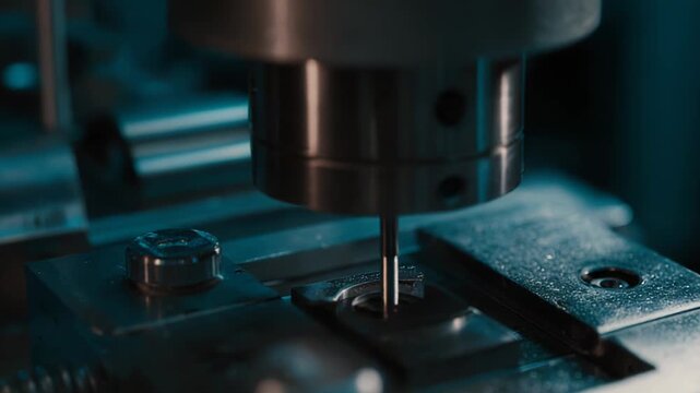 Close up view of an automated cnc machine cutting and drilling a metal part, illustrating industrial manufacturing, technological advancement, and engineering accuracy in modern production