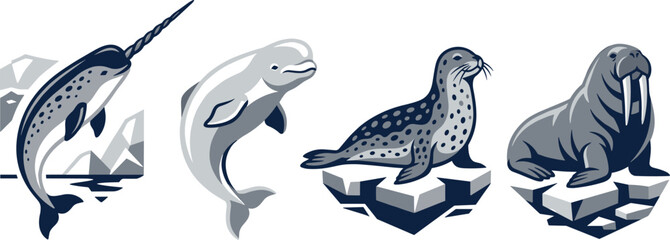 Arctic Ocean Animal Set with Narwhal, Beluga Whale, Spotted Seal, and Walrus on Ice in Bold Monochrome Style for Nature Designs © MstJuli