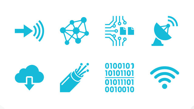 Set of blue technology and communication icons including network, cloud, fiber optic, and binary code.