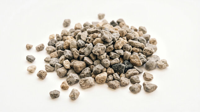 A pile of small, rough, gray and brown rocks or pebbles isolated on white background for decoration or landscaping purposes in garden or outdoor setting