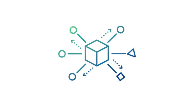 Abstract 3D cube network with connecting nodes and arrows, digital data flow, technology concept