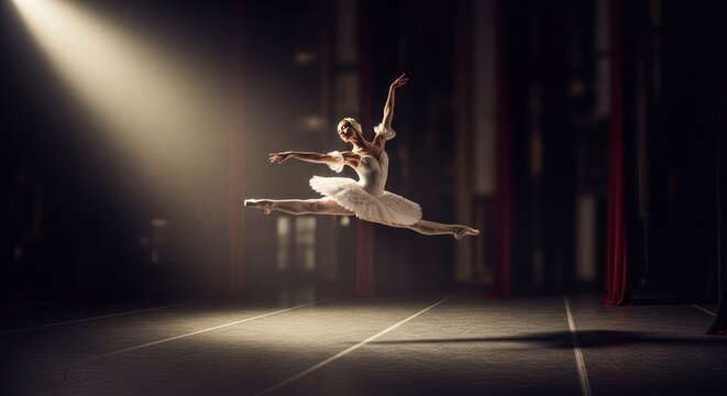 Ballerina dancing in spotlight stage.