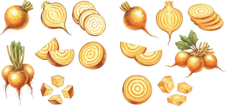 Golden Beetroot Watercolor Illustration Set: Whole, Sliced, and Diced Root Vegetables.