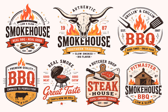 A collection of vintage-style BBQ, smokehouse, and steak house logos featuring grills, fire, meat, and rustic elements.