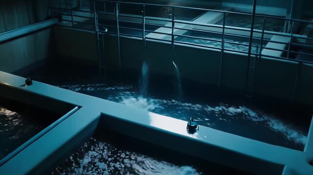 Industrial water treatment facility featuring large pools with flowing, bubbly water undergoing filtration and purification processes for environmental sustainability and public health
