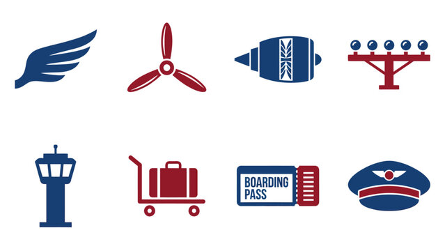 Set of aviation and airport related icons including a wing, propeller, jet engine, runway lights, control tower, luggage cart, boarding pass, and pilot's hat.