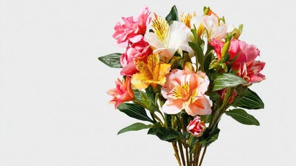 Obraz premium Vibrant bouquet of mixed tropical lilies positioned on the right against a clean background