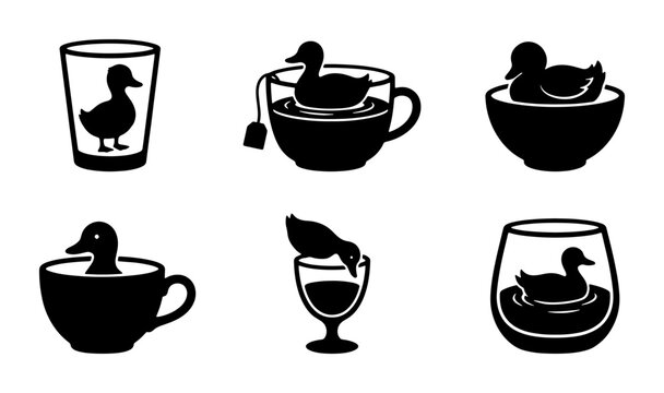 Quirky Duck Icons, Vector Set: Rubber Duck in Cups, Bowls, and Glasses, Playful Bath Time Graphics