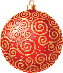 Fototapeta premium Elegant Red Christmas Bauble Ornament with Intricate Golden Swirl Patterns and Filigree Details for Luxury Holiday Season Decorations, Winter Celebrations, and Greeting Card Designs