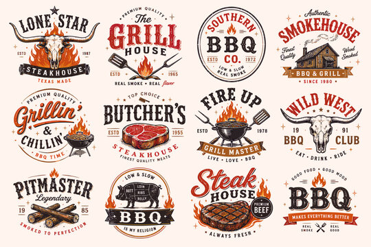A collection of vintage-style BBQ, grill, and steakhouse logos featuring various meat and fire elements.