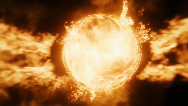 Hot orange fireball radiating plasma and light, igniting swirling cosmic dust and energetic flares across an abstract starfield, evoking stellar power and creation