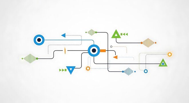 Interconnected flowchart with colorful geometric shapes and symbols