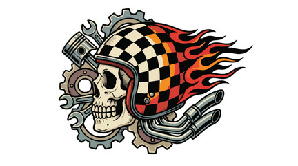 Flaming skull with checkered helmet and mechanical elements illustration © colorshapppy