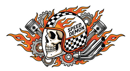Retro skull in racing helmet with flames and mechanical elements © colorshapppy