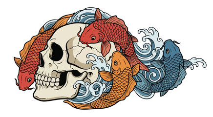 Colorful koi fish swimming around skull with ocean waves © colorshapppy