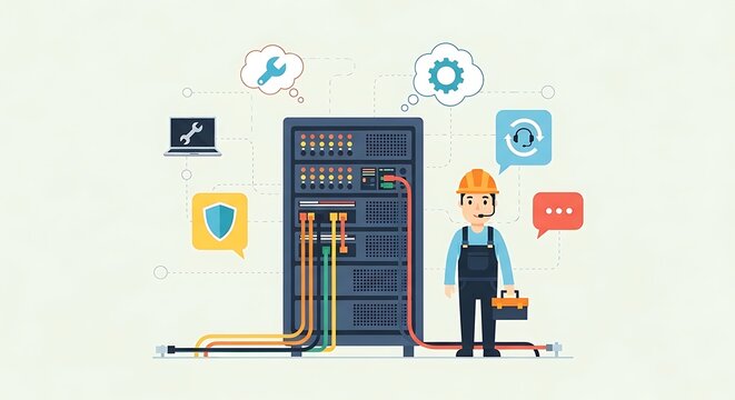 Technician working on server with colorful cables and icons