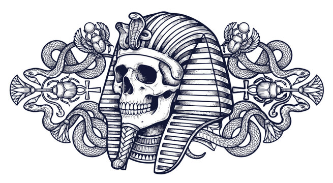 Intricate Pharaoh Skull Illustration with Ornate Snake Details
