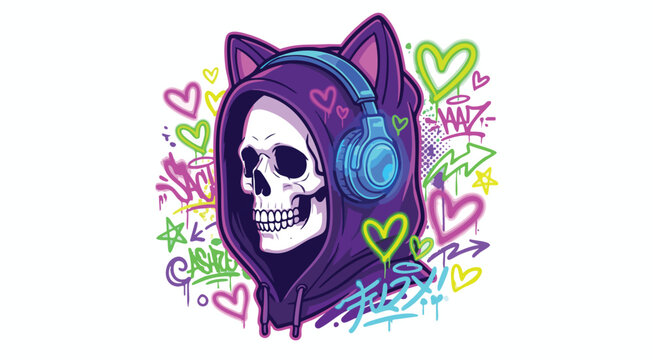 Colorful graffiti-style skull with headphones and cat ears