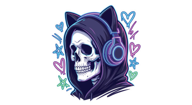Colorful skull wearing headphones and cat ears in digital art style