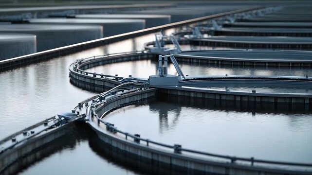 Water purification plant continuously treating liquid waste, with multiple large circular clarifying reservoirs processing and filtering wastewater for environmental sustainability and public health