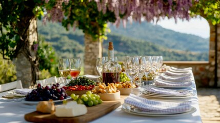 Fototapeta premium A long table under a stone pergola draped with wisteria vines. The table is set with simple white plates, checked linen napkins