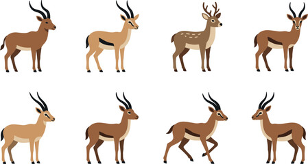 African wildlife antelope and deer vector collection featuring gazelle, impala, springbok, and horned safari animals isolated on white background. © MdMehedi