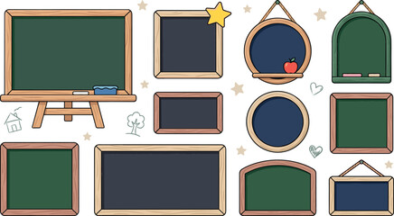 Chalkboard and blackboard vector set featuring blank wooden frames on easel hanging signs for classroom school and restaurant menu design elements © MdMehedi