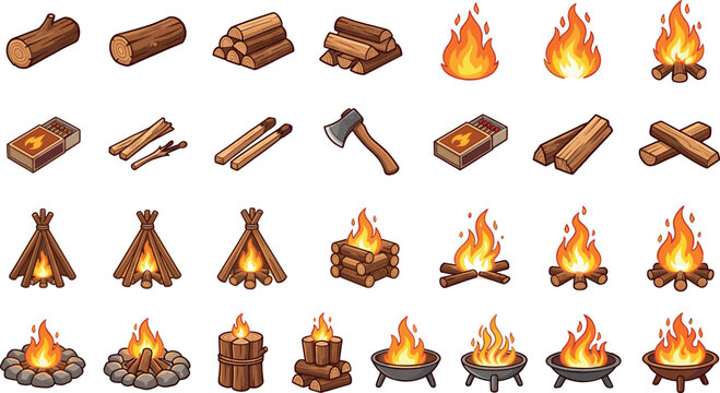 Campfire and bonfire vector illustration set with logs firewood matches axe and flames in different styles for outdoor camping adventure design elements