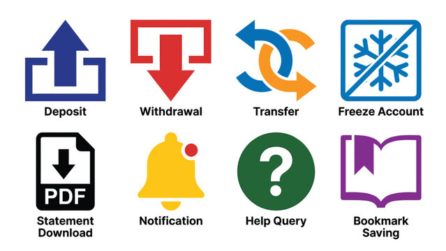 Collection of financial and utility icons including deposit, withdrawal, transfer, freeze account, statement download, notification, help query, and bookmark saving.