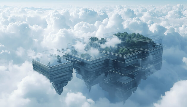 Cloud-Layer City, Sky lock Architecture, Floating Step forms Above the Mist Vaults Heaven bound Terraces Cloud-Suspended Blocks Aerial Stack Sanctum Frosted Skyline Geometry The Mist fold Complex