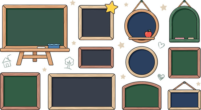Chalkboard and blackboard vector set featuring blank wooden frames on easel hanging signs for classroom school and restaurant menu design elements