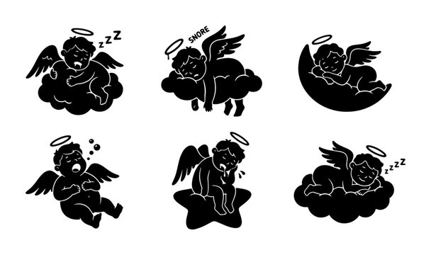 Cherub Sleeping Icons, Baby Angel Vector Set, Heavenly Figures in Restful Poses, Cute Celestial Characters for Design