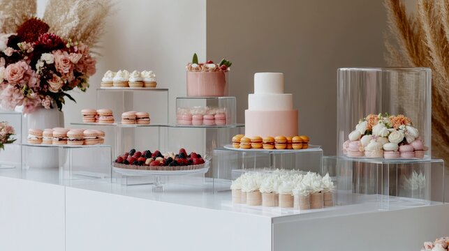A modern, artistic dessert table that is more installation than buffet. Various levels of glass shelves and acrylic stands display wedding cake slices