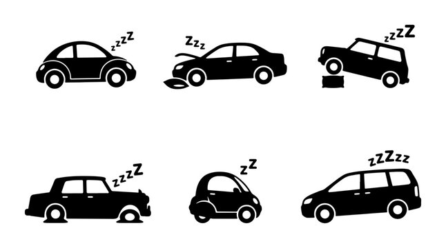 Vector Icons: Sleeping Cars, Damaged Vehicles, Flat Tires, and Breakdown Scenarios, Black and White Silhouette Set for Automotive Concepts