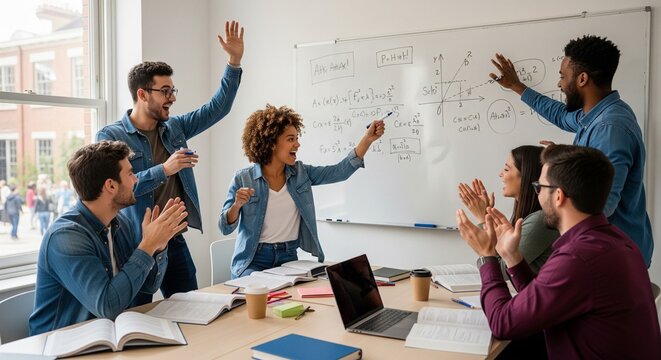 Diverse group of students collaborating enthusiastically around a whiteboard during a study session