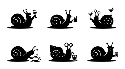 Party Snail Icons, Fun Animal Silhouettes for Drinks and Celebration, Cute Vector Graphics for Social Events © MdShakil
