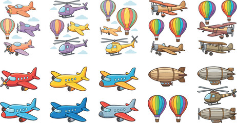 Cute cartoon aviation vector illustration set featuring colorful airplanes helicopters hot air balloons and zeppelin blimps for kids transportation design elements © MdMehedi