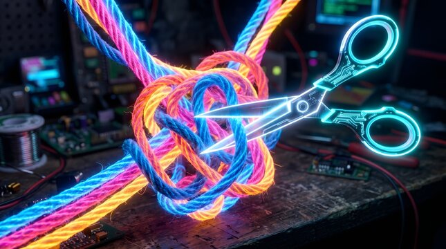 Glowing neon ropes in complex knot being cut by digital scissors, futuristic fiber optic cables, concept of problem solving and network security